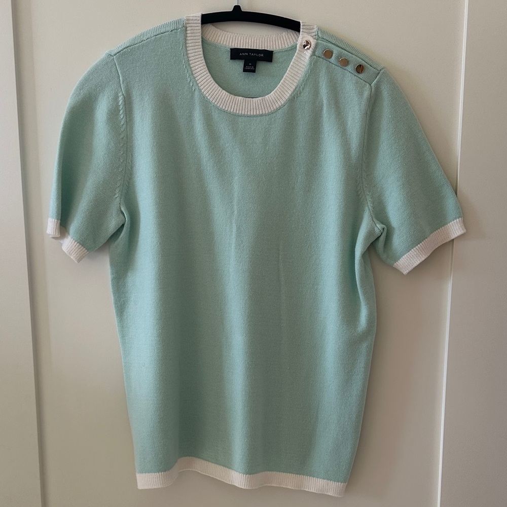Ann Taylor Light Green Sweater with Cream Trim